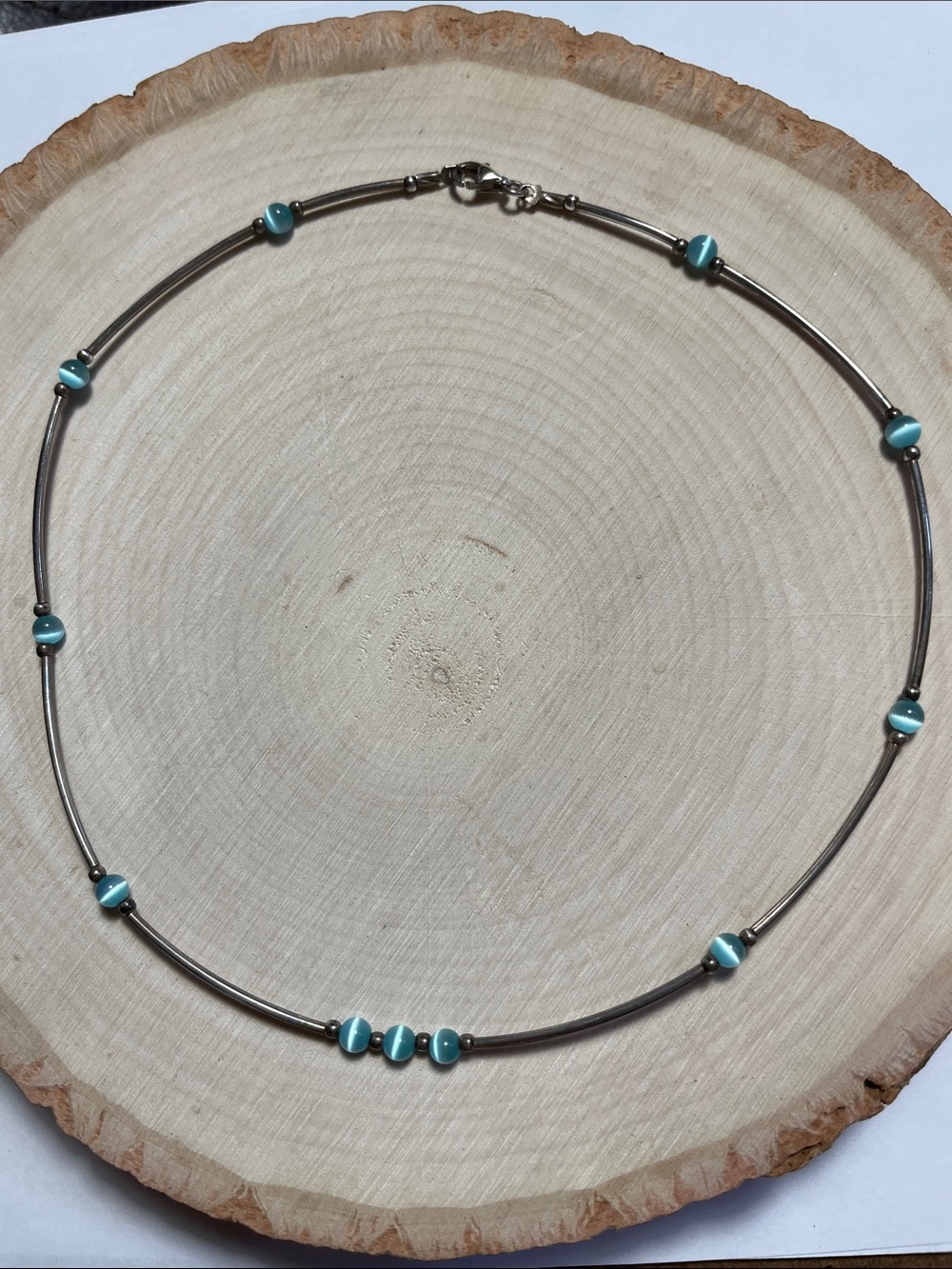 Turquoise Cats Eye Bead Sterling Silver Choker Made in Italy